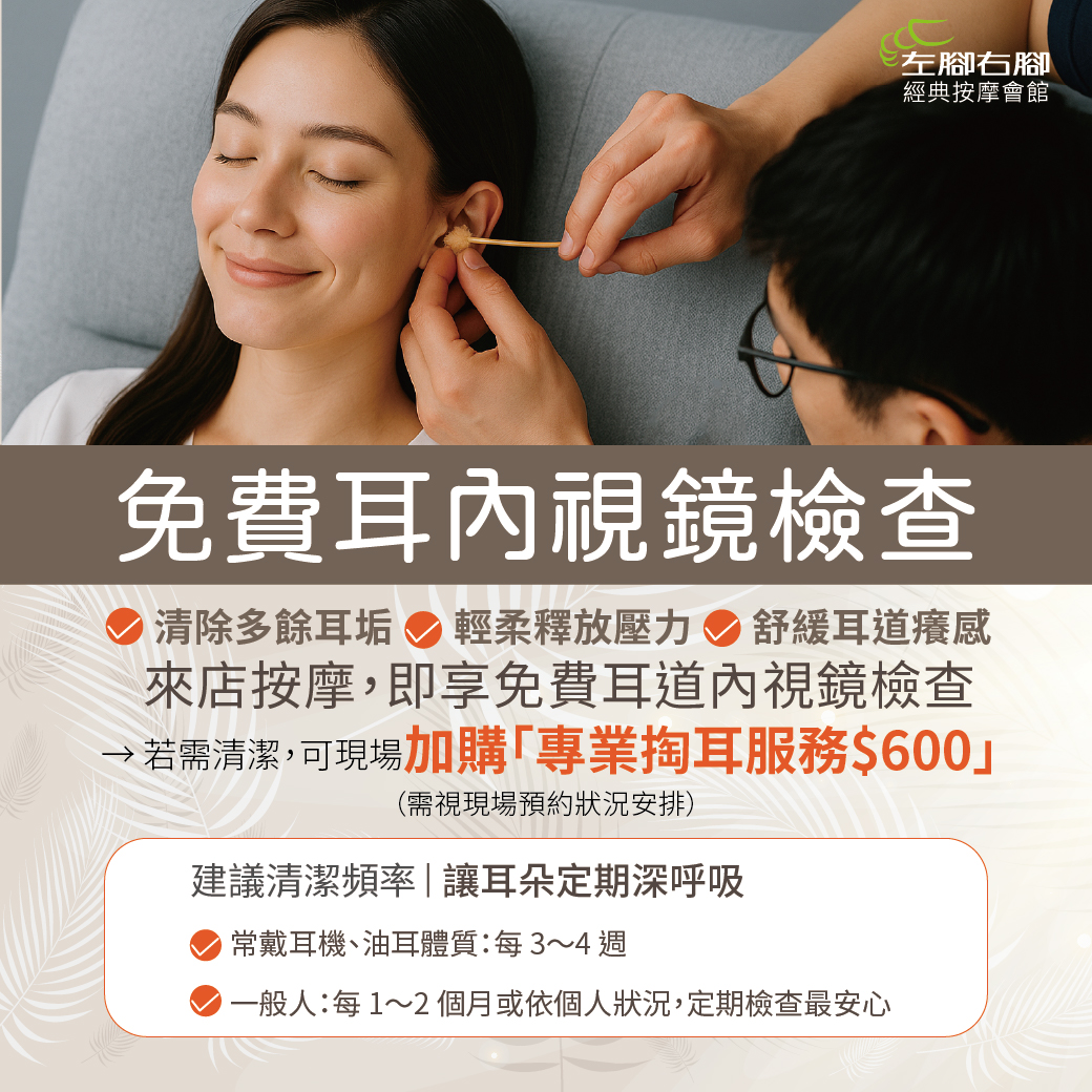 【免費耳內視鏡檢查，限店內按摩享有】